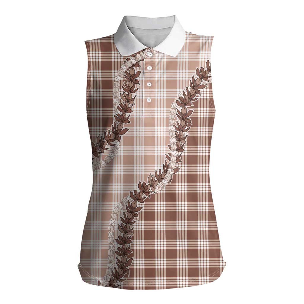 Beige Hawaii Palaka Women Sleeveless Polo Shirt Hawaiian Pikake Lei LT05