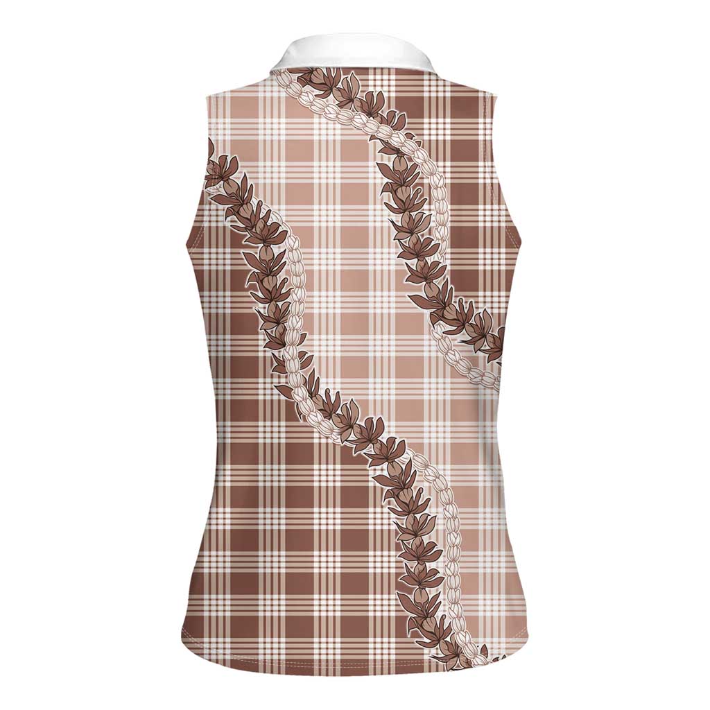 Beige Hawaii Palaka Women Sleeveless Polo Shirt Hawaiian Pikake Lei LT05