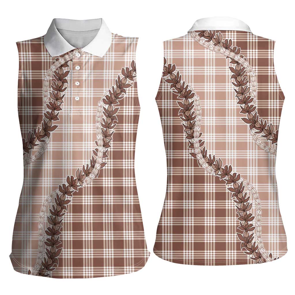 Beige Hawaii Palaka Women Sleeveless Polo Shirt Hawaiian Pikake Lei LT05