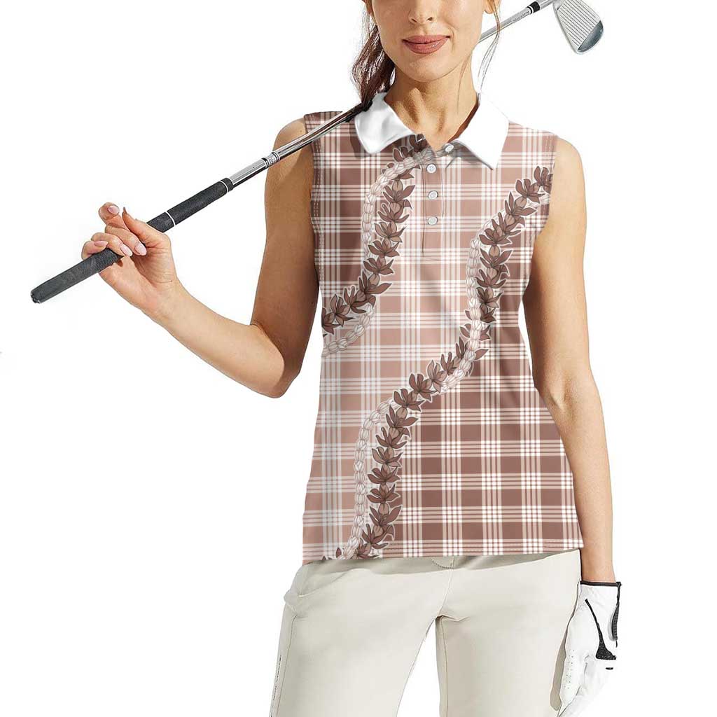 Beige Hawaii Palaka Women Sleeveless Polo Shirt Hawaiian Pikake Lei LT05