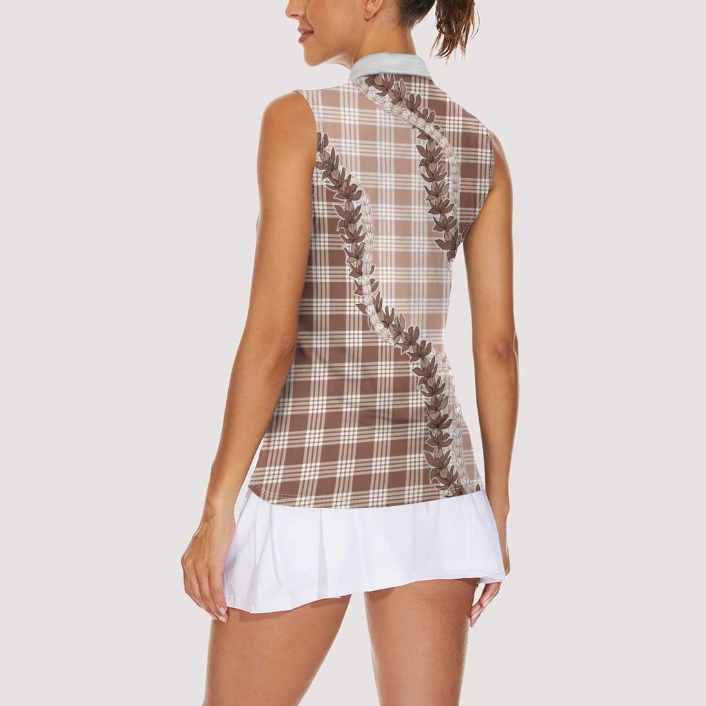 Beige Hawaii Palaka Women Sleeveless Polo Shirt Hawaiian Pikake Lei LT05