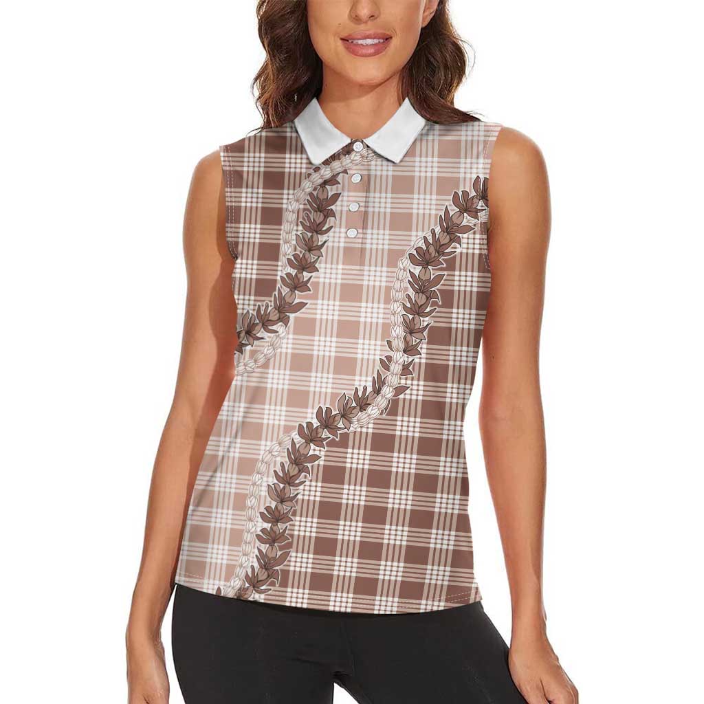 Beige Hawaii Palaka Women Sleeveless Polo Shirt Hawaiian Pikake Lei LT05