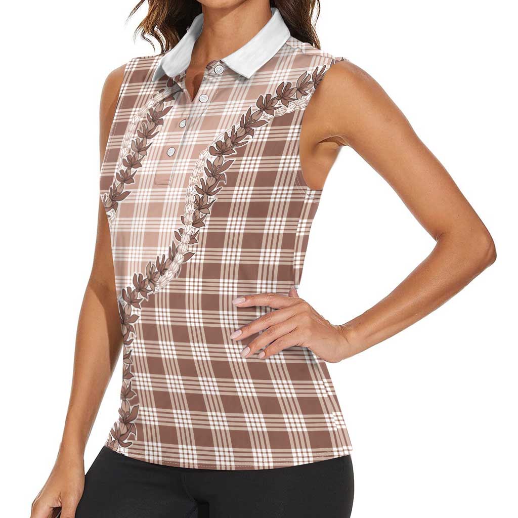 Beige Hawaii Palaka Women Sleeveless Polo Shirt Hawaiian Pikake Lei LT05