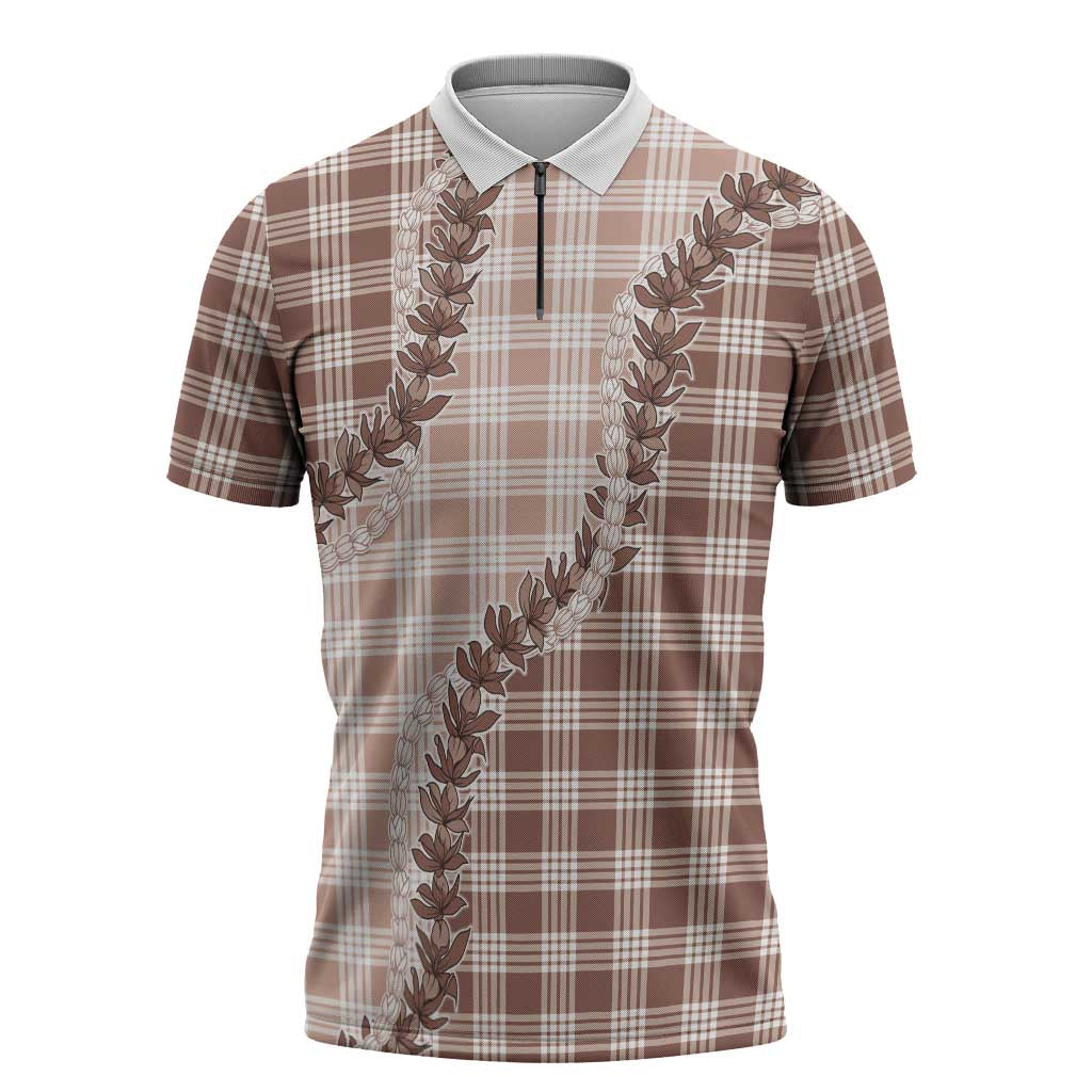 Beige Hawaii Palaka Zipper Polo Shirt Hawaiian Pikake Lei LT05
