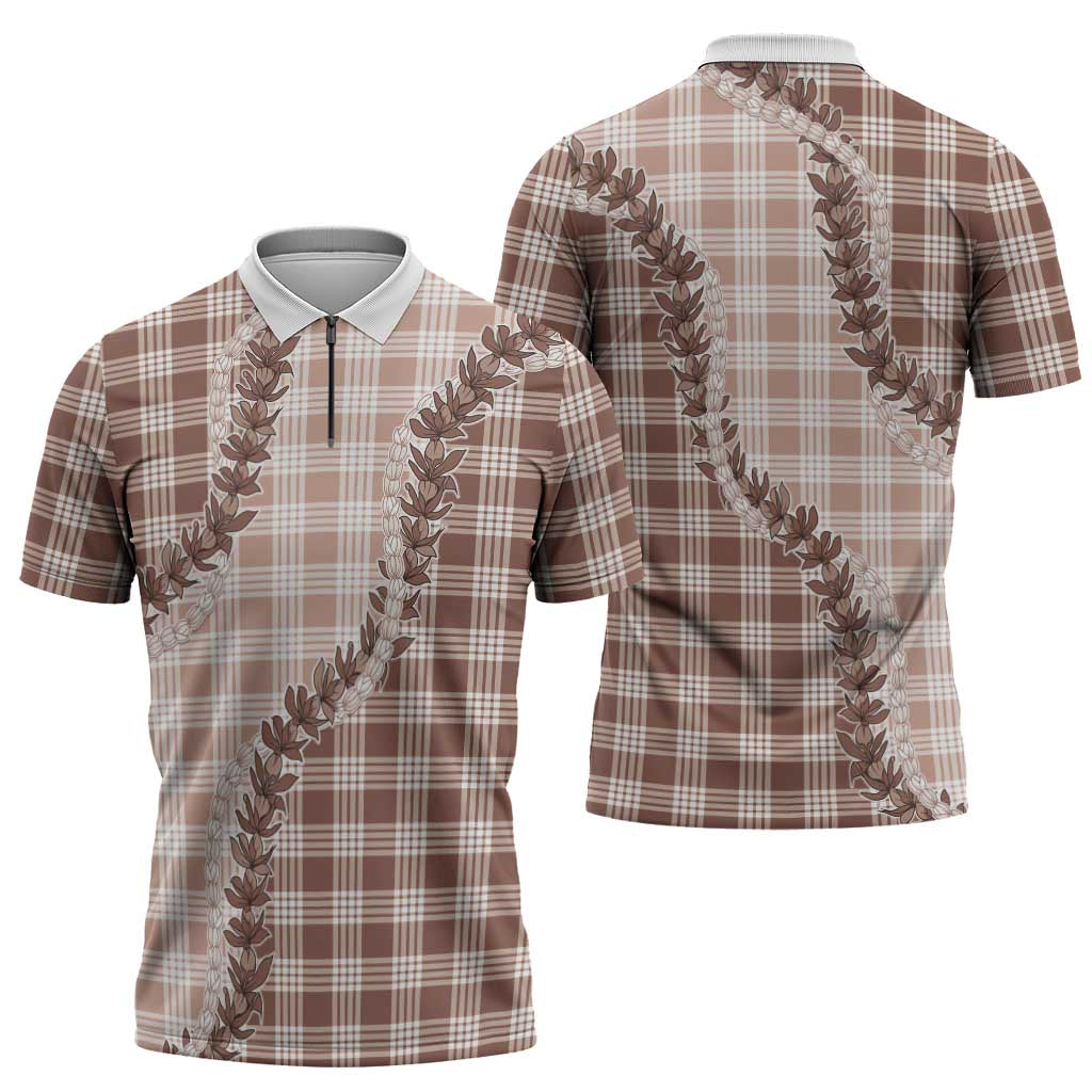 Beige Hawaii Palaka Zipper Polo Shirt Hawaiian Pikake Lei LT05