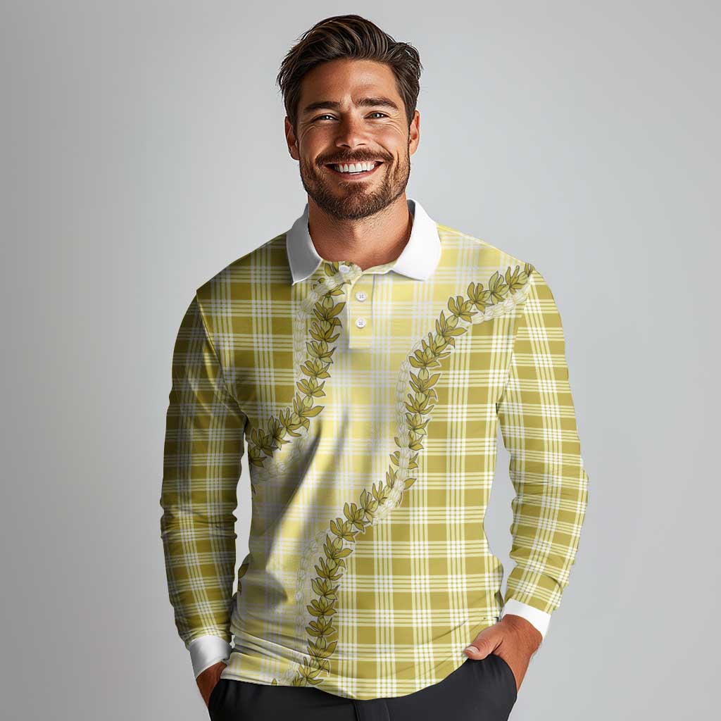 Yellow Hawaii Palaka Long Sleeve Polo Shirt Hawaiian Pikake Lei LT05