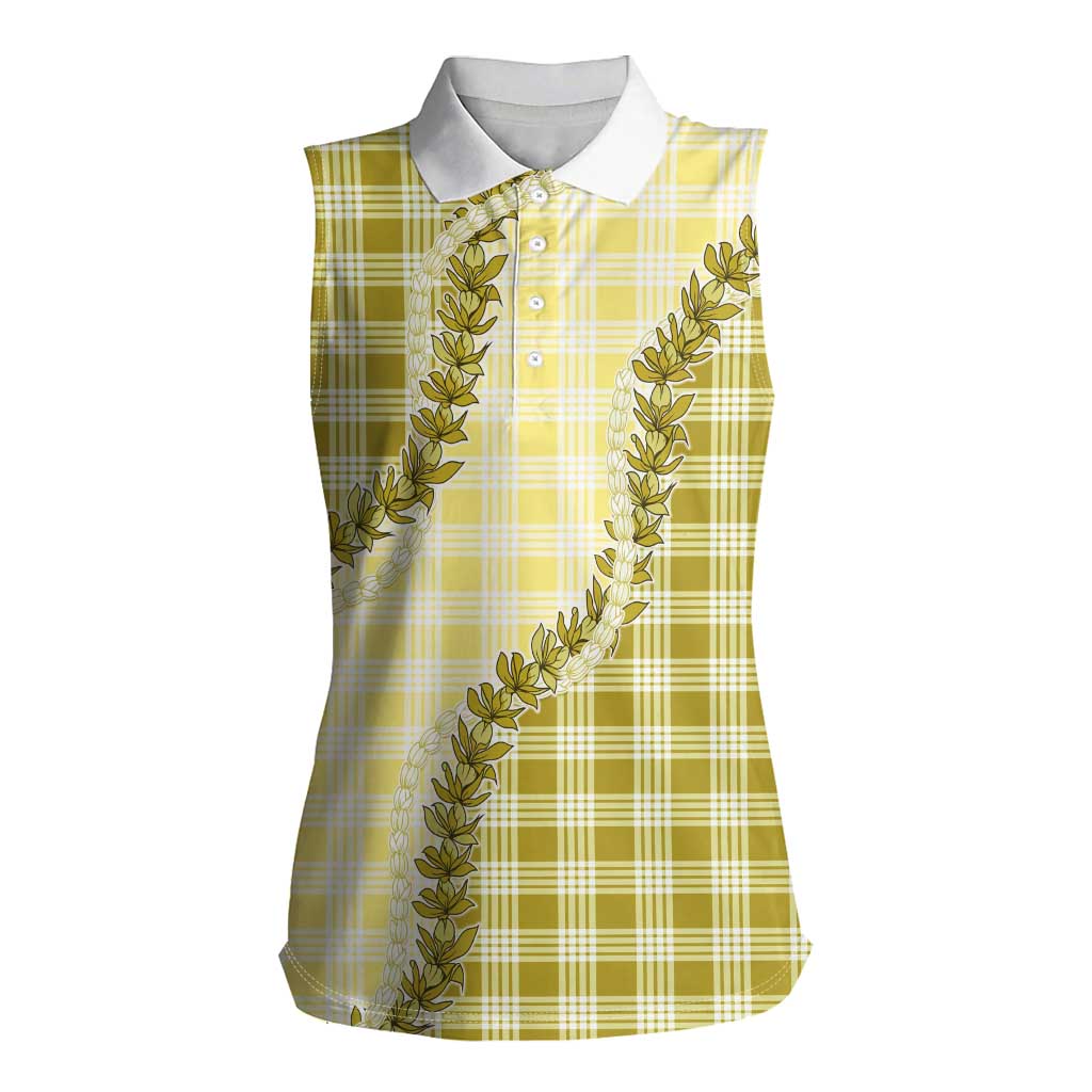 Yellow Hawaii Palaka Women Sleeveless Polo Shirt Hawaiian Pikake Lei LT05