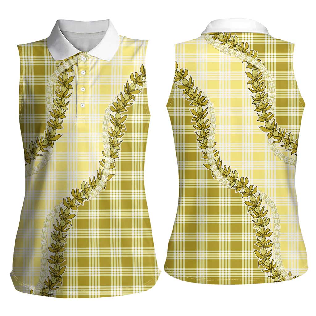 Yellow Hawaii Palaka Women Sleeveless Polo Shirt Hawaiian Pikake Lei LT05