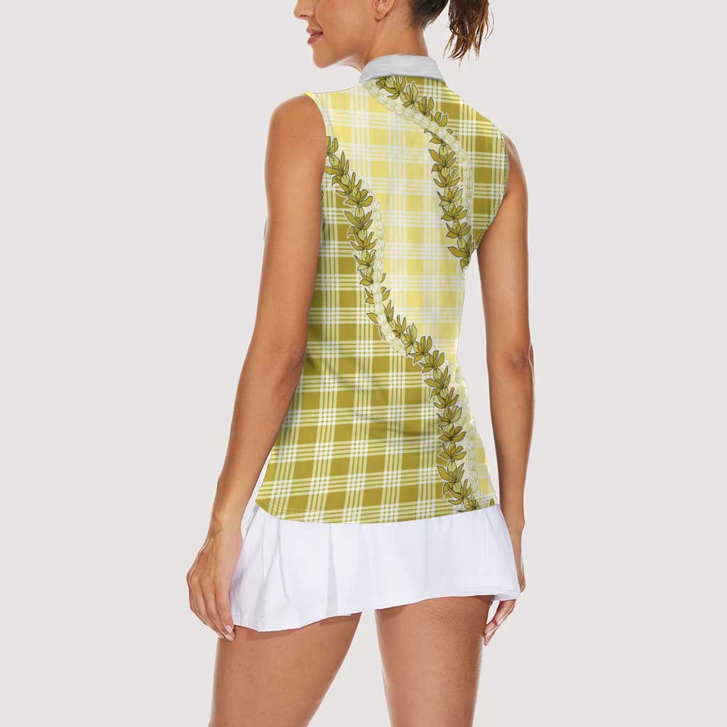 Yellow Hawaii Palaka Women Sleeveless Polo Shirt Hawaiian Pikake Lei LT05
