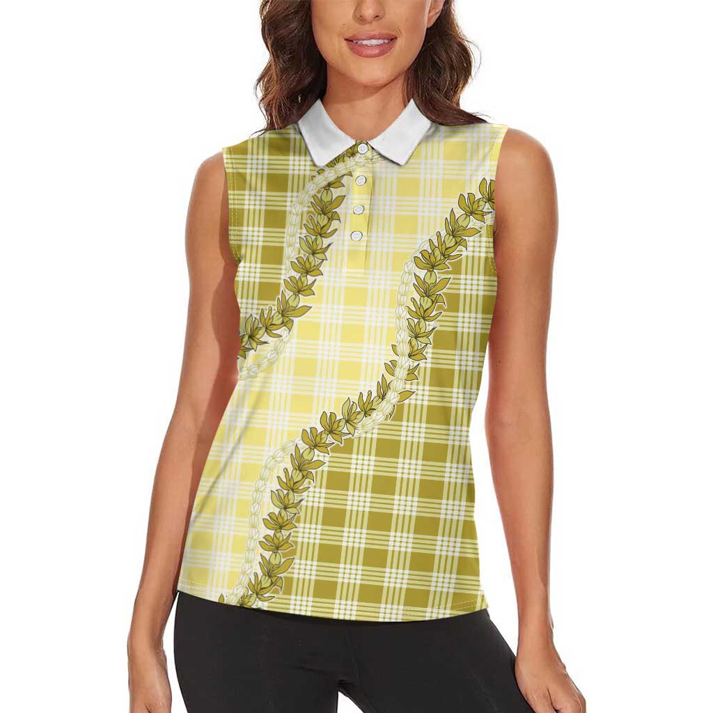 Yellow Hawaii Palaka Women Sleeveless Polo Shirt Hawaiian Pikake Lei LT05
