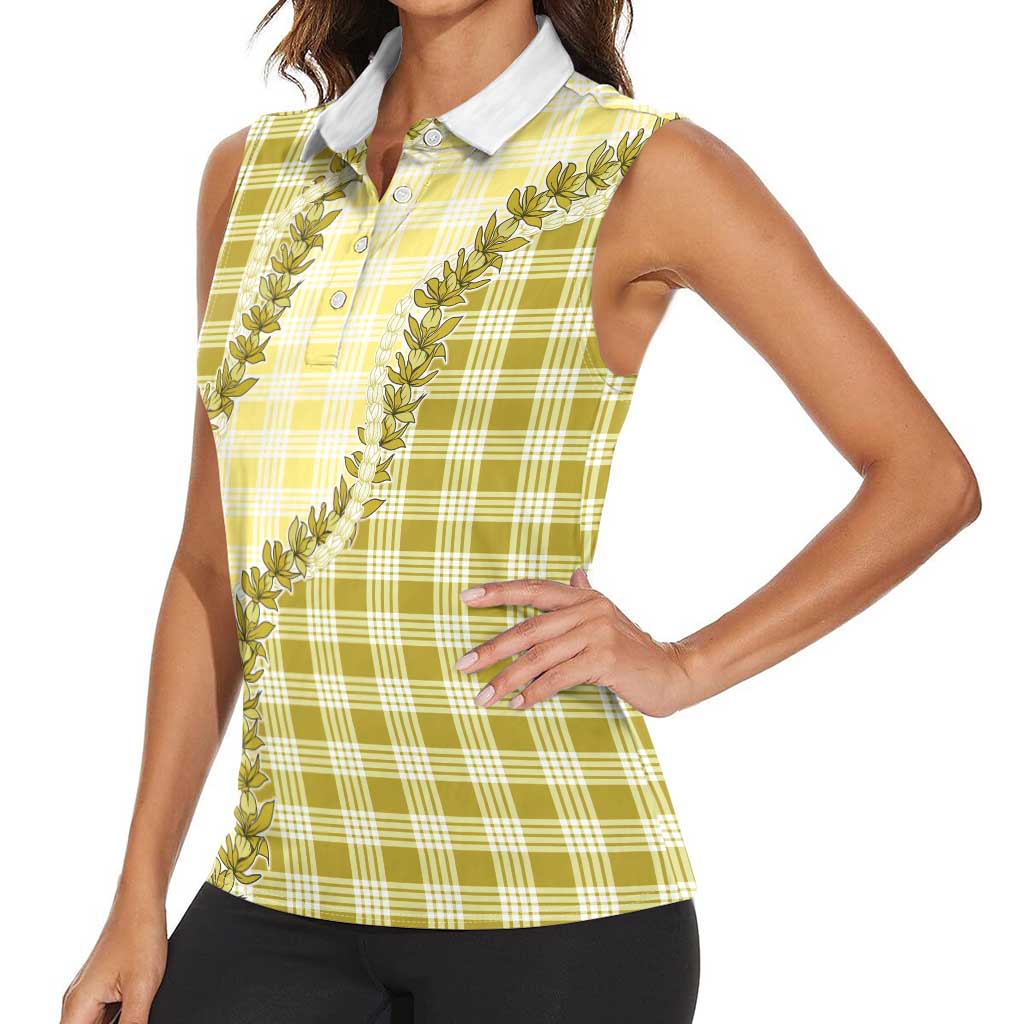 Yellow Hawaii Palaka Women Sleeveless Polo Shirt Hawaiian Pikake Lei LT05