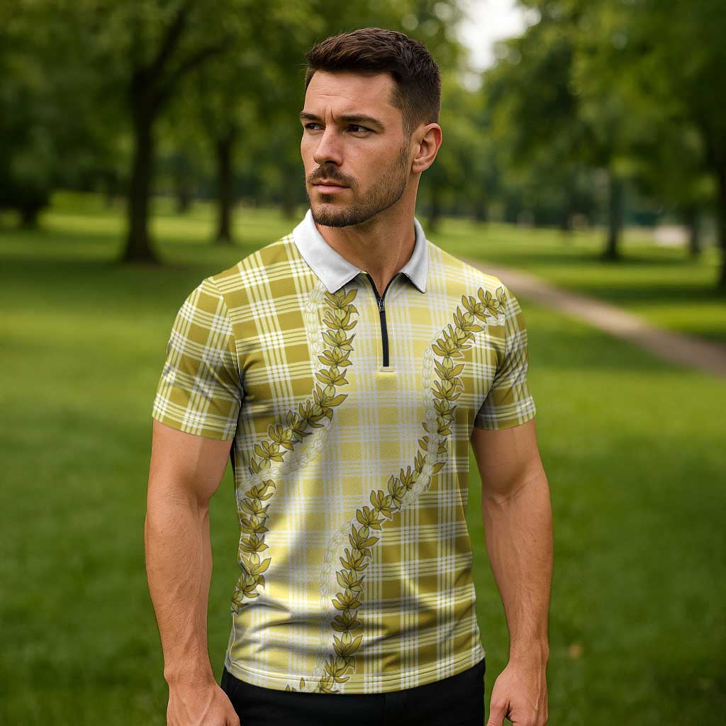 Yellow Hawaii Palaka Zipper Polo Shirt Hawaiian Pikake Lei LT05