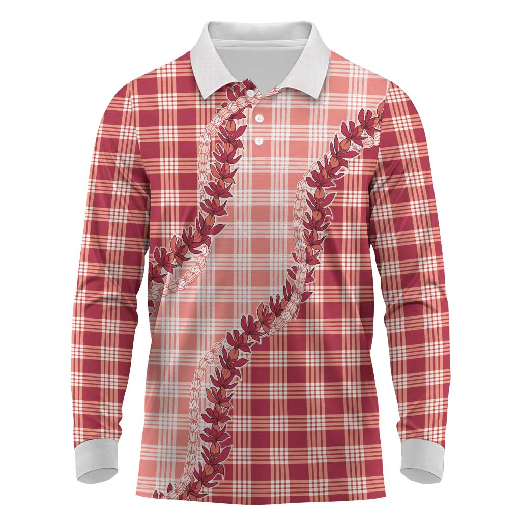 Red Hawaii Palaka Long Sleeve Polo Shirt Hawaiian Pikake Lei LT05