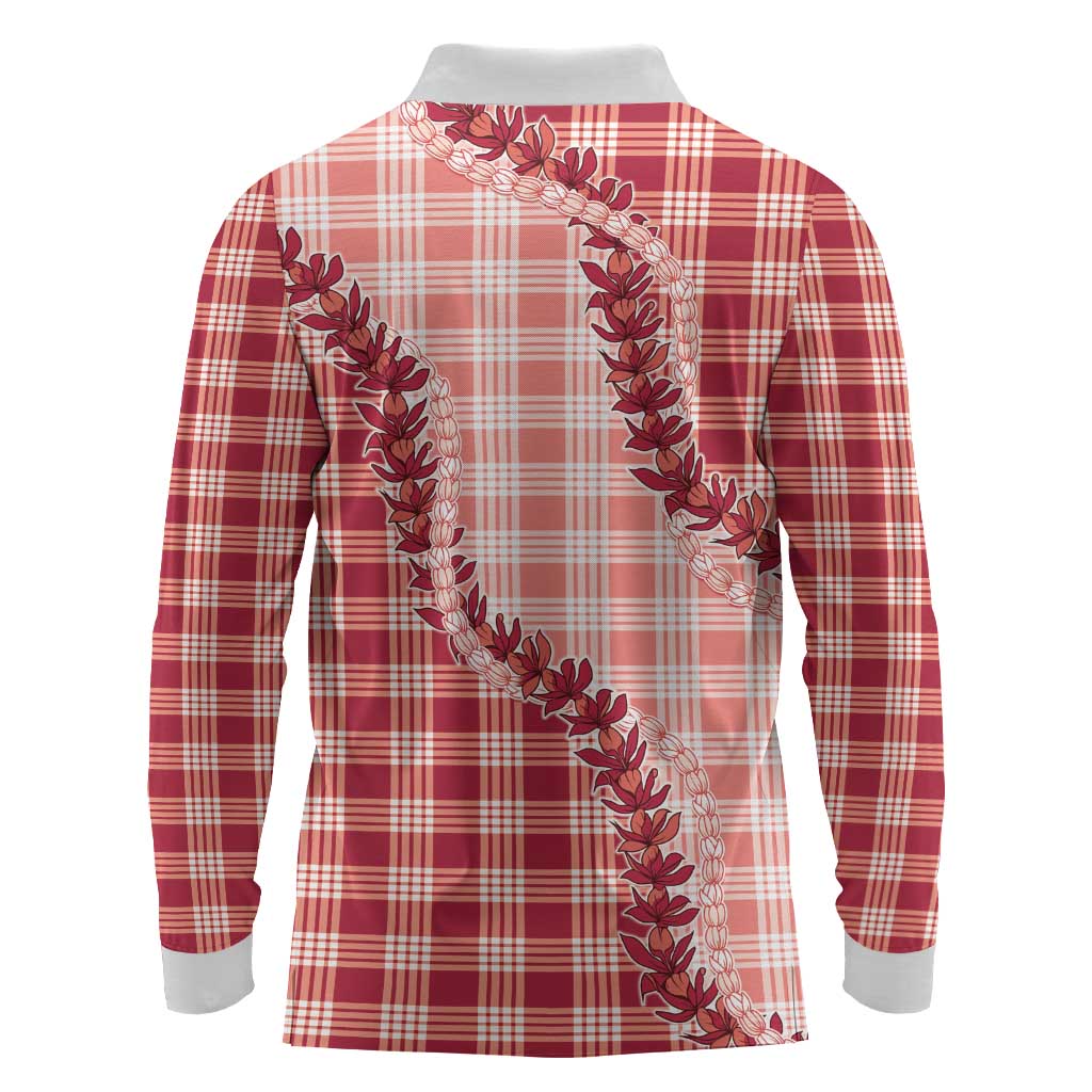 Red Hawaii Palaka Long Sleeve Polo Shirt Hawaiian Pikake Lei LT05