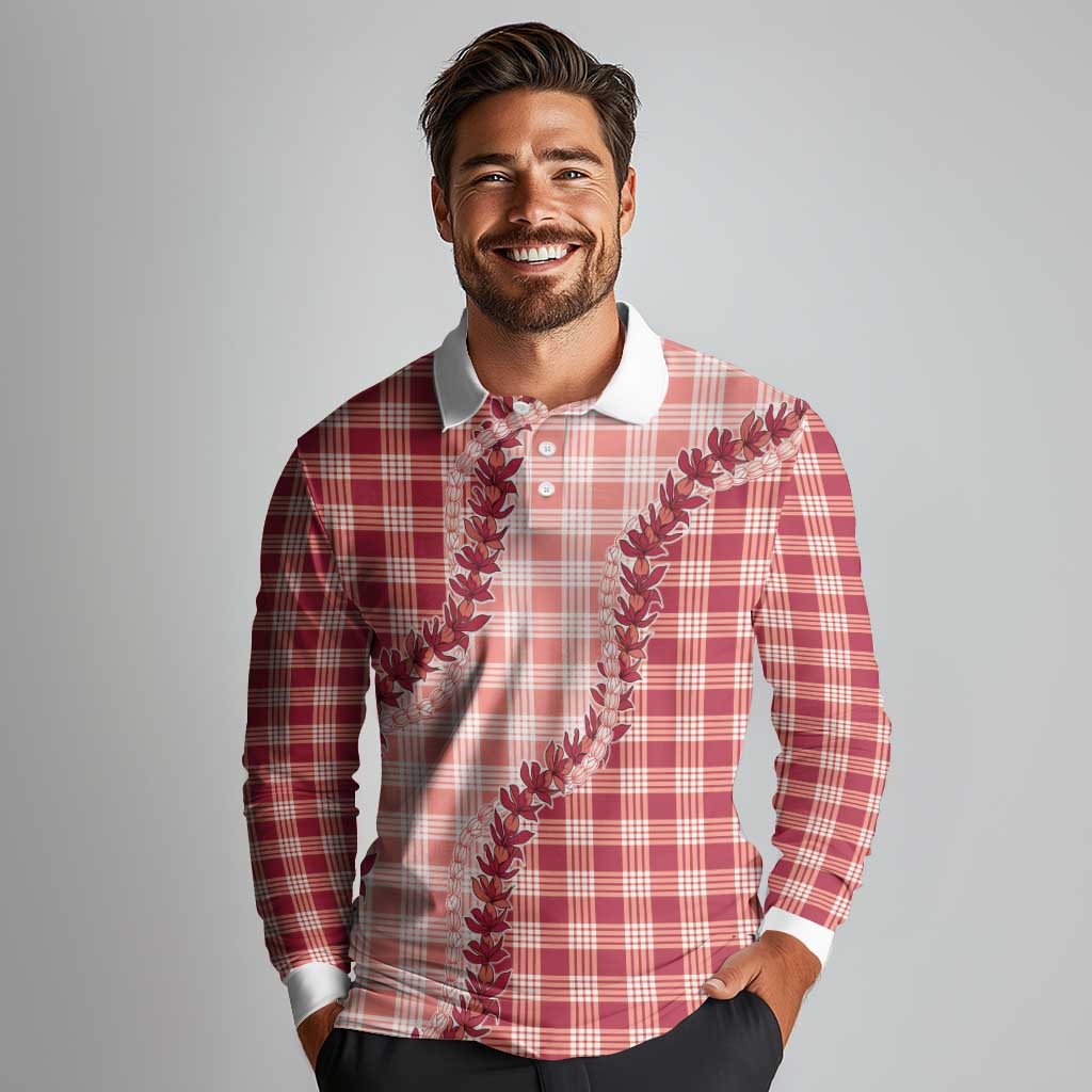 Red Hawaii Palaka Long Sleeve Polo Shirt Hawaiian Pikake Lei LT05