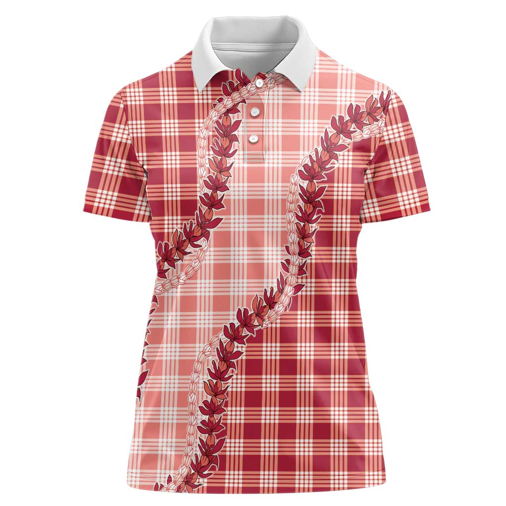 Red Hawaii Palaka Women Polo Shirt Hawaiian Pikake Lei LT05