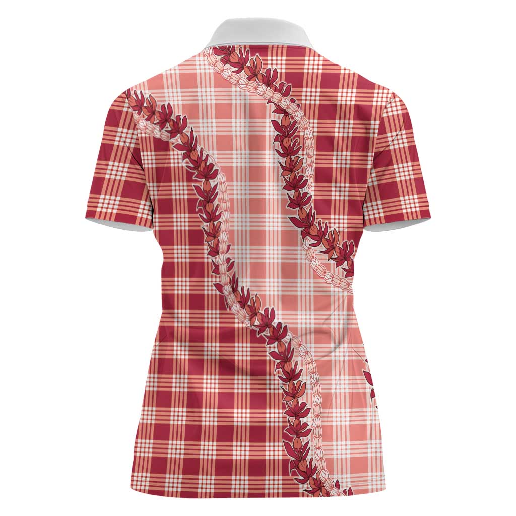 Red Hawaii Palaka Women Polo Shirt Hawaiian Pikake Lei LT05