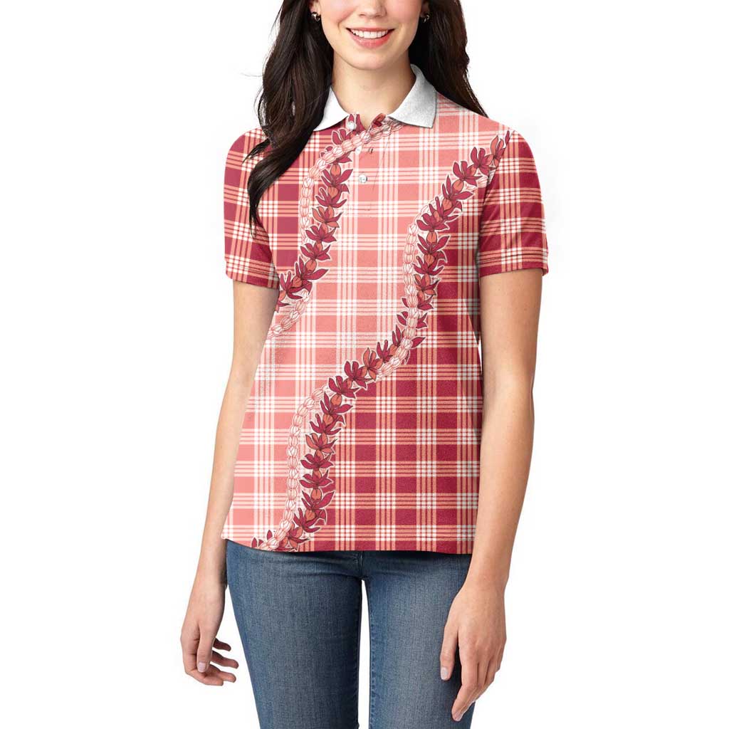 Red Hawaii Palaka Women Polo Shirt Hawaiian Pikake Lei LT05