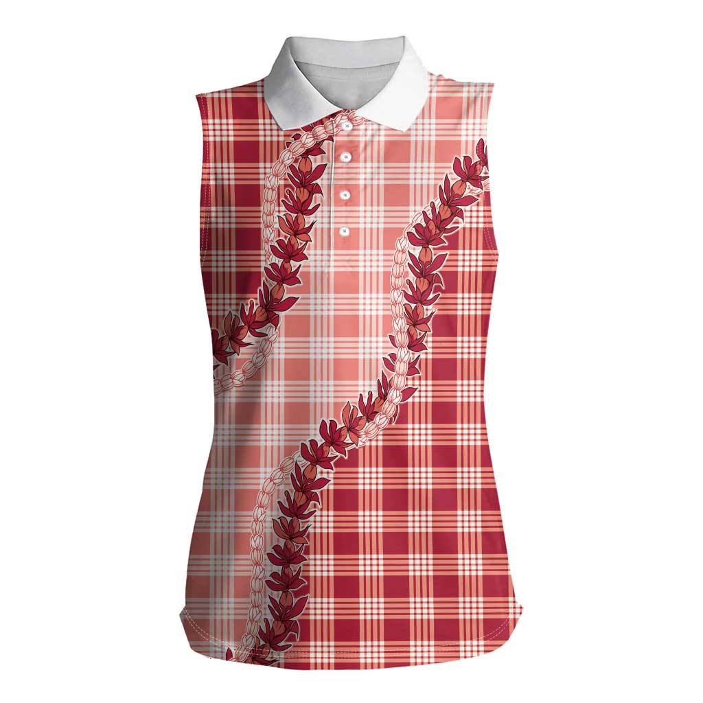 Red Hawaii Palaka Women Sleeveless Polo Shirt Hawaiian Pikake Lei LT05