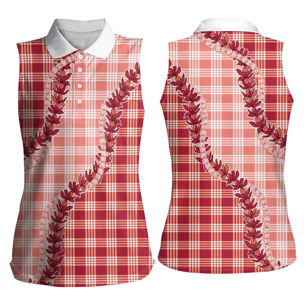 Red Hawaii Palaka Women Sleeveless Polo Shirt Hawaiian Pikake Lei LT05