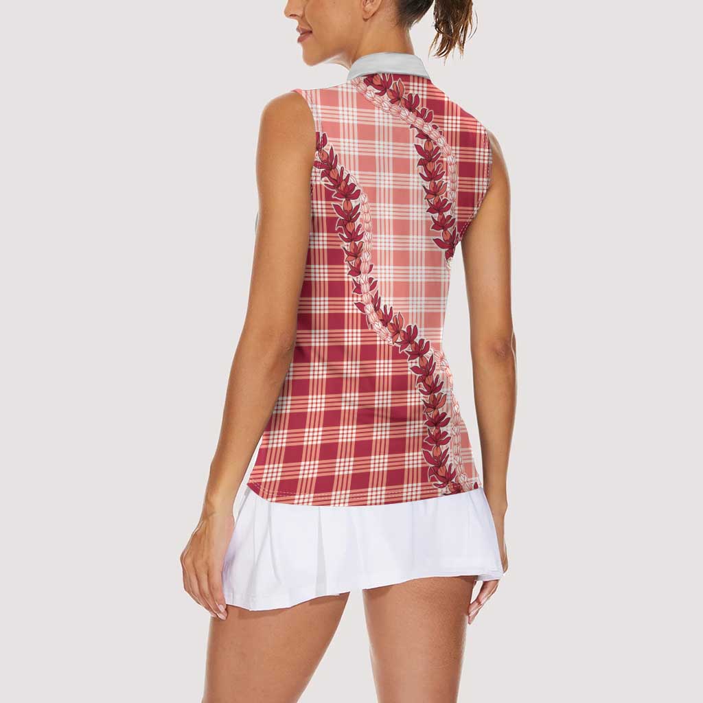 Red Hawaii Palaka Women Sleeveless Polo Shirt Hawaiian Pikake Lei LT05