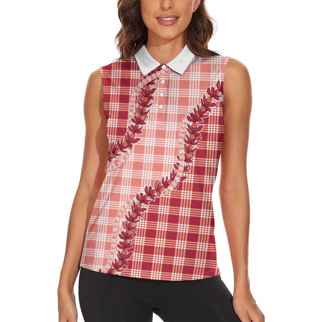 Red Hawaii Palaka Women Sleeveless Polo Shirt Hawaiian Pikake Lei LT05