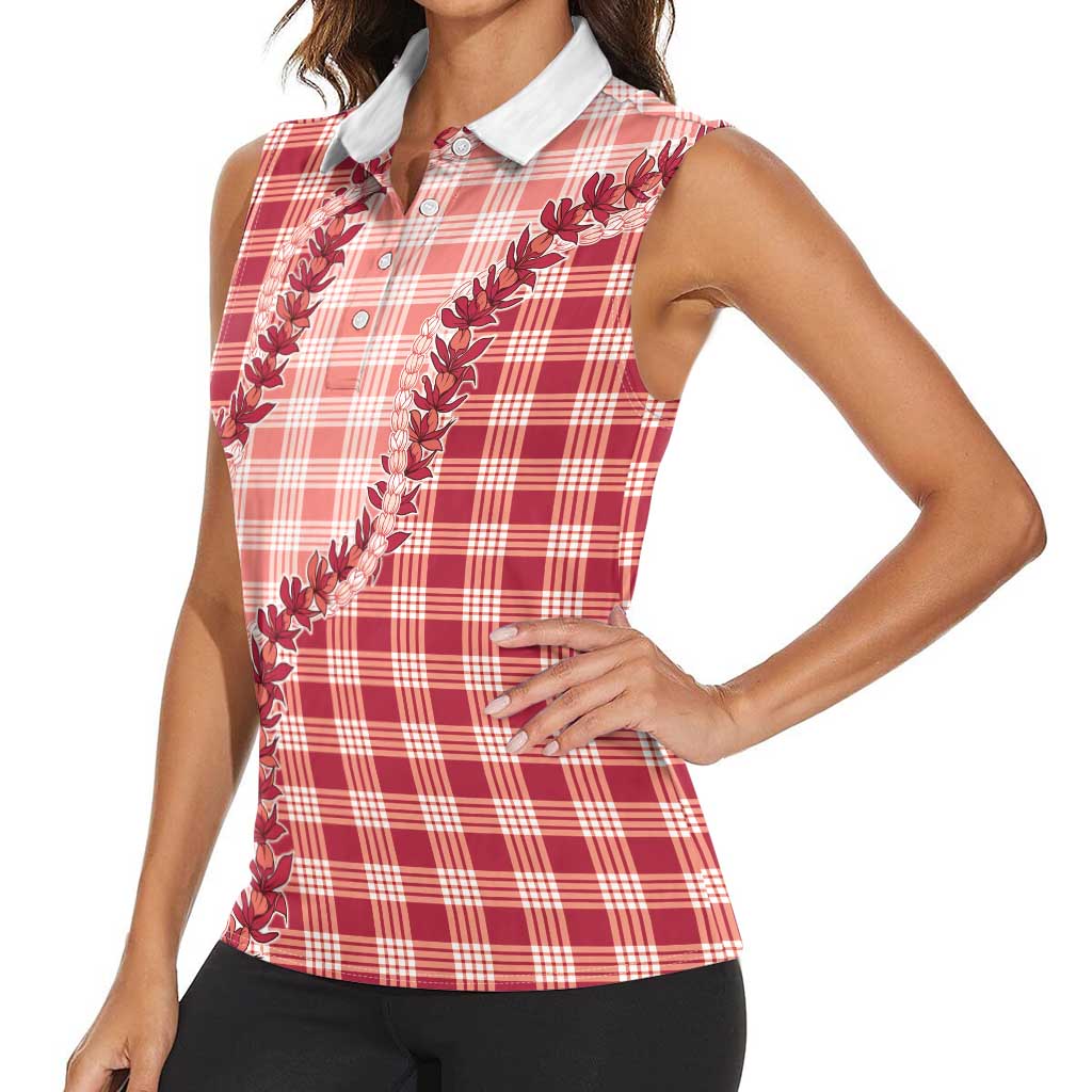 Red Hawaii Palaka Women Sleeveless Polo Shirt Hawaiian Pikake Lei LT05