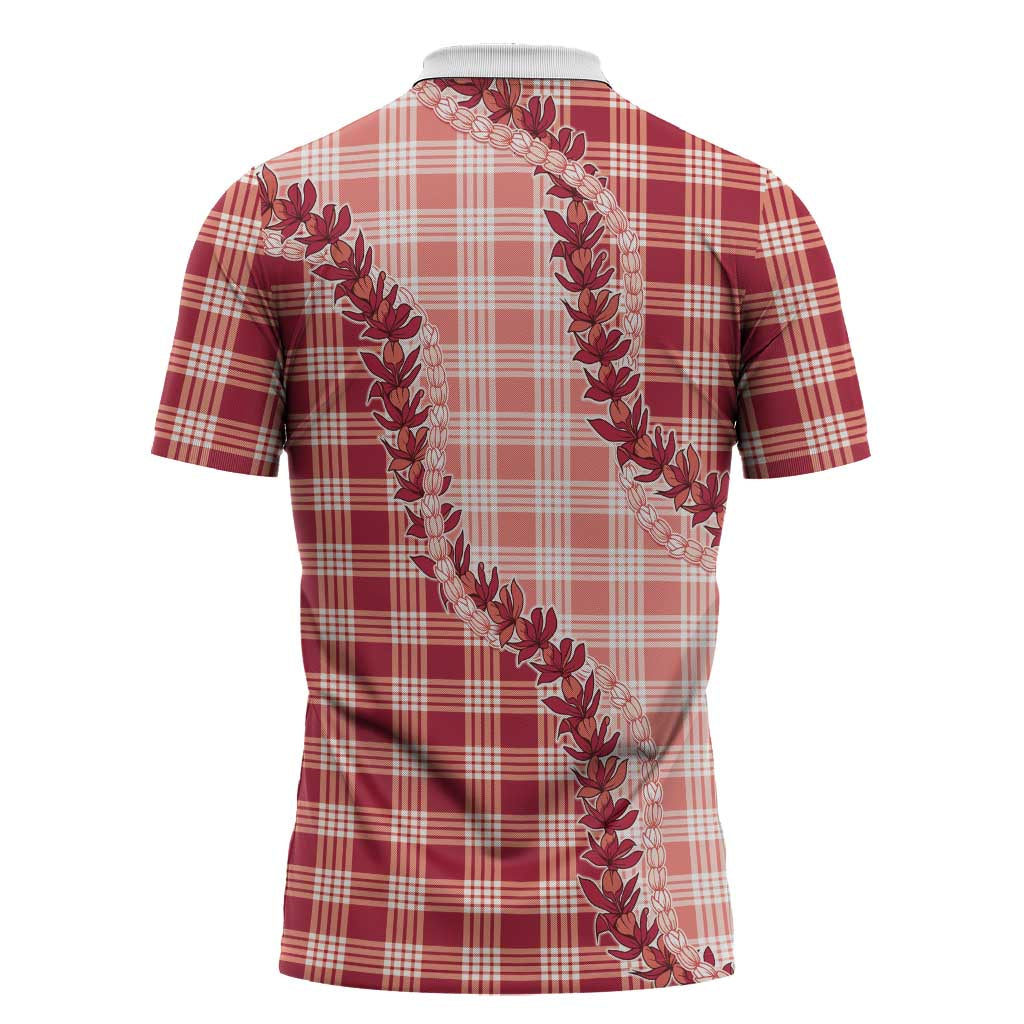 Red Hawaii Palaka Zipper Polo Shirt Hawaiian Pikake Lei LT05