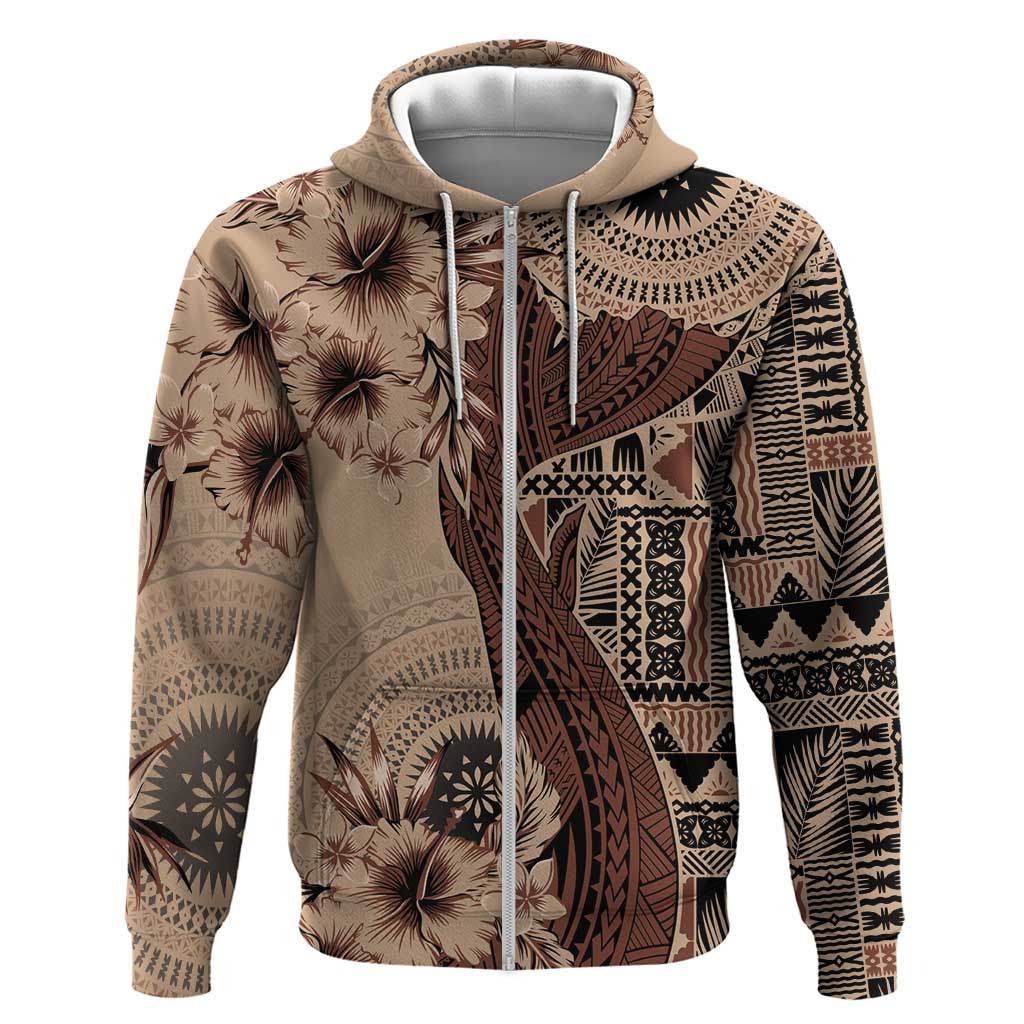 Bula Fiji Zip Hoodie Shark Tail Beige Masi Tapa LT7