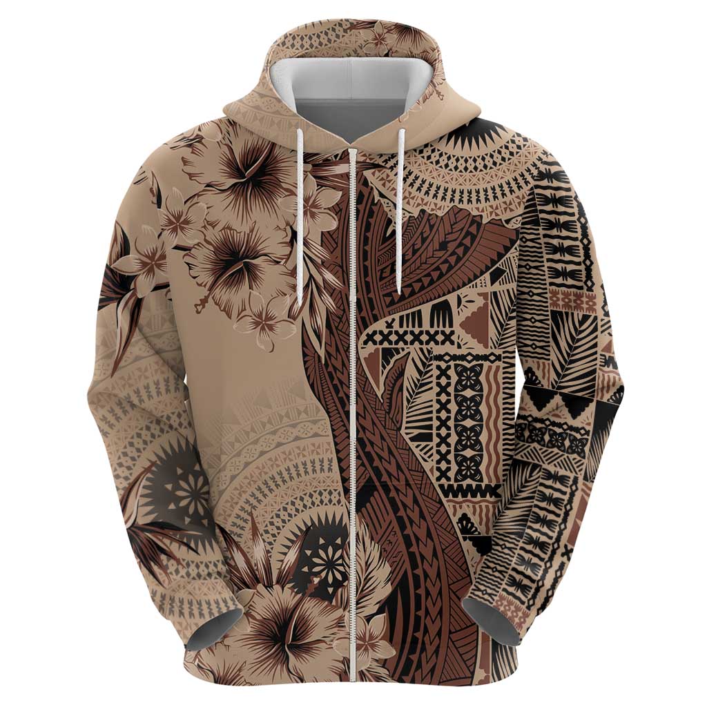 Bula Fiji Zip Hoodie Shark Tail Beige Masi Tapa LT7