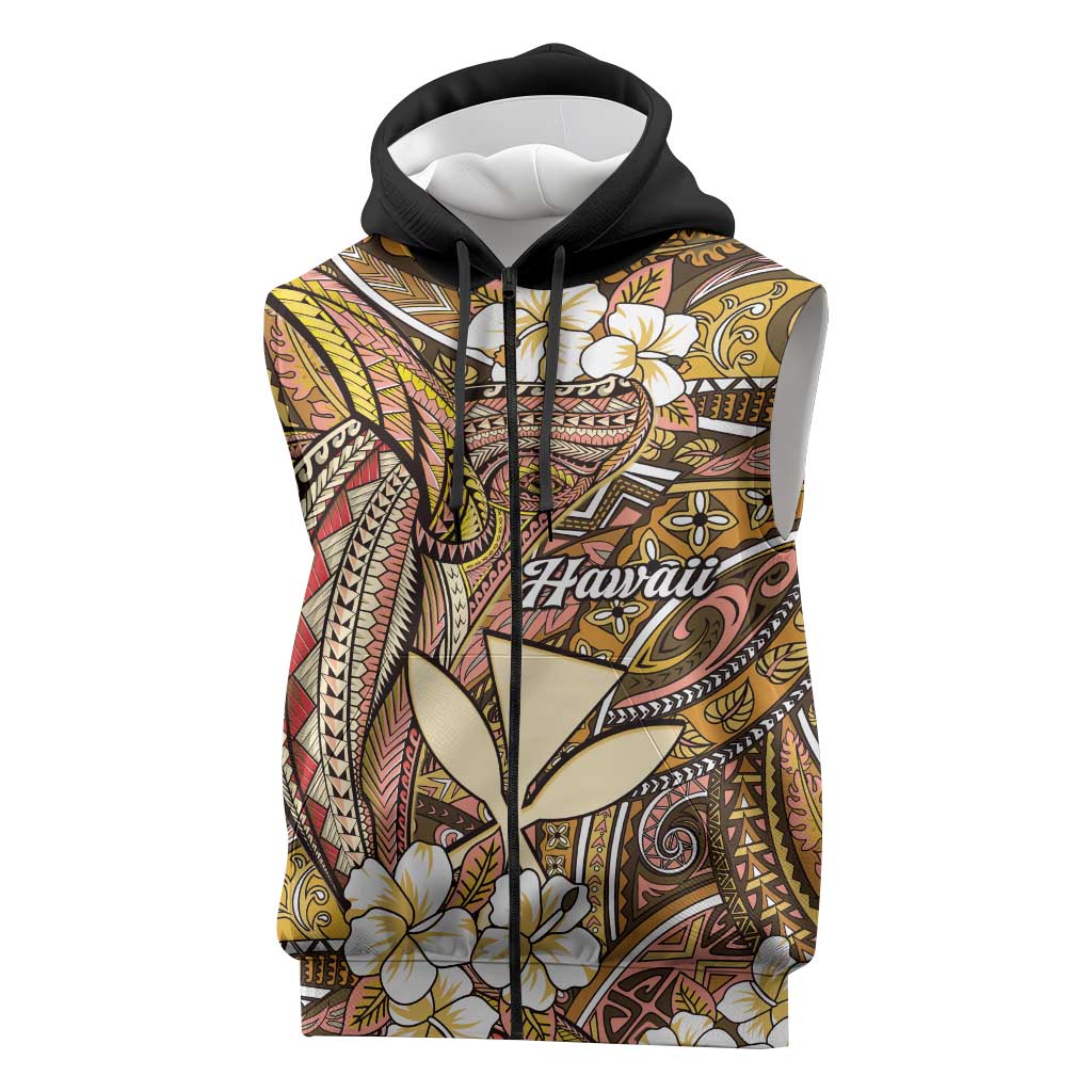 Personalised Hawaii Tribal Humpback Whale Sleeveless Zip Hoodie Melemele Hibiscus Seamless Pattern LT9