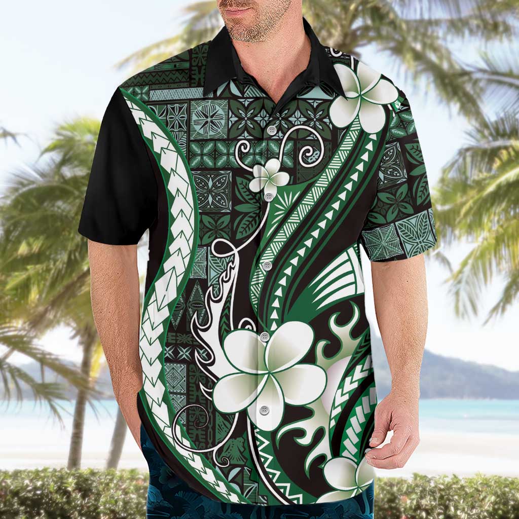 Samoa Siapo Tribal Pattern Hawaiian Shirt Forest Green Polynesian Plumeria Tapa Motif LT9