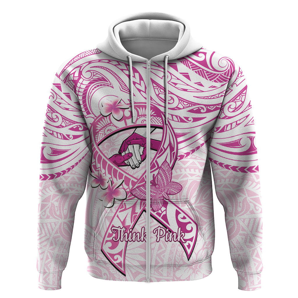 Polynesia Breast Cancer Awareness Zip Hoodie Pink Ribbon No One Fights Alone - White LT14
