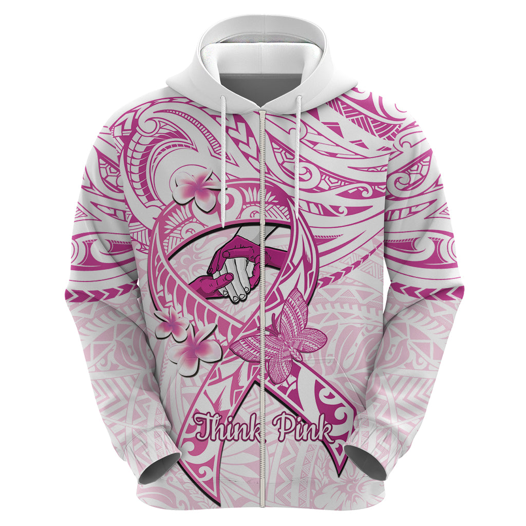 Polynesia Breast Cancer Awareness Zip Hoodie Pink Ribbon No One Fights Alone - White LT14