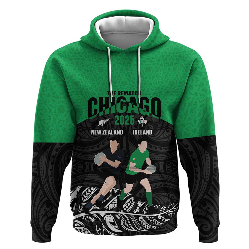 New Zealand and Ireland Rugby Custom Hoodie Chicago 2025 Go All Black Shamrocks LT14