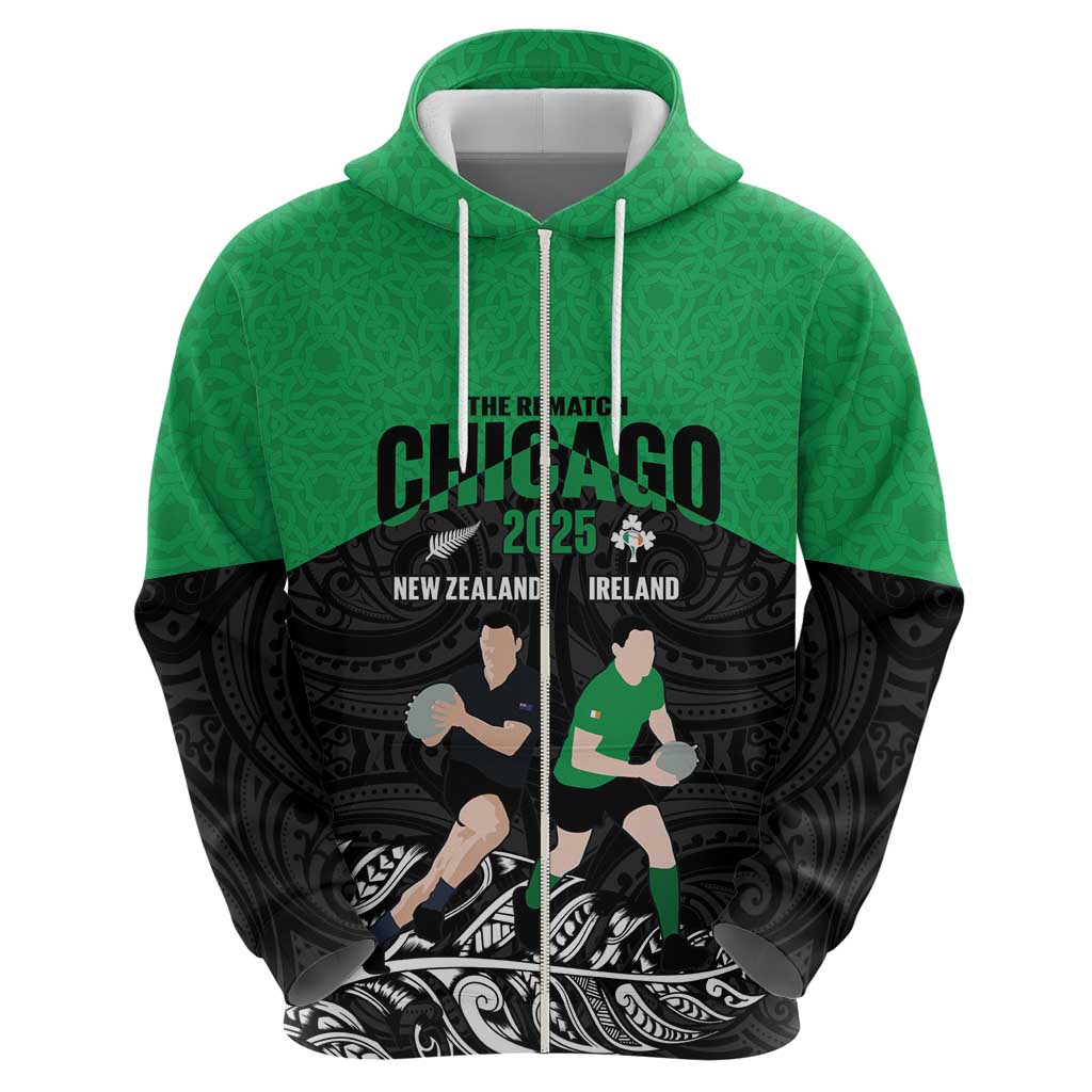 New Zealand and Ireland Rugby Custom Hoodie Chicago 2025 Go All Black Shamrocks LT14