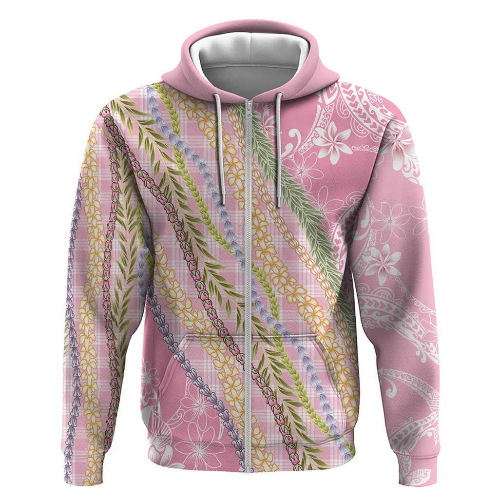 Pink Palaka Hawaii Leis Zip Hoodie - Hawaiian Plaid Elegant Tropical Vibes LT14