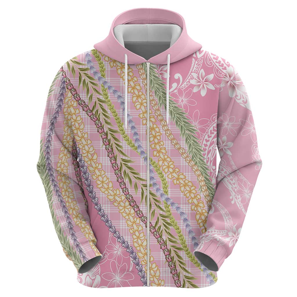 Pink Palaka Hawaii Leis Zip Hoodie - Hawaiian Plaid Elegant Tropical Vibes LT14