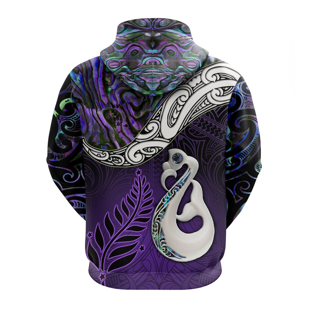New Zealand Maori Zip Hoodie Manaia Paua Shell Glitter Purple LT4