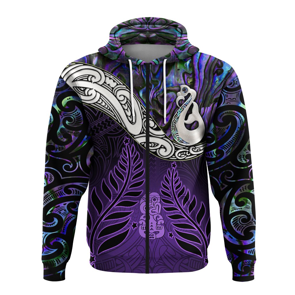 New Zealand Maori Zip Hoodie Manaia Paua Shell Glitter Purple LT4
