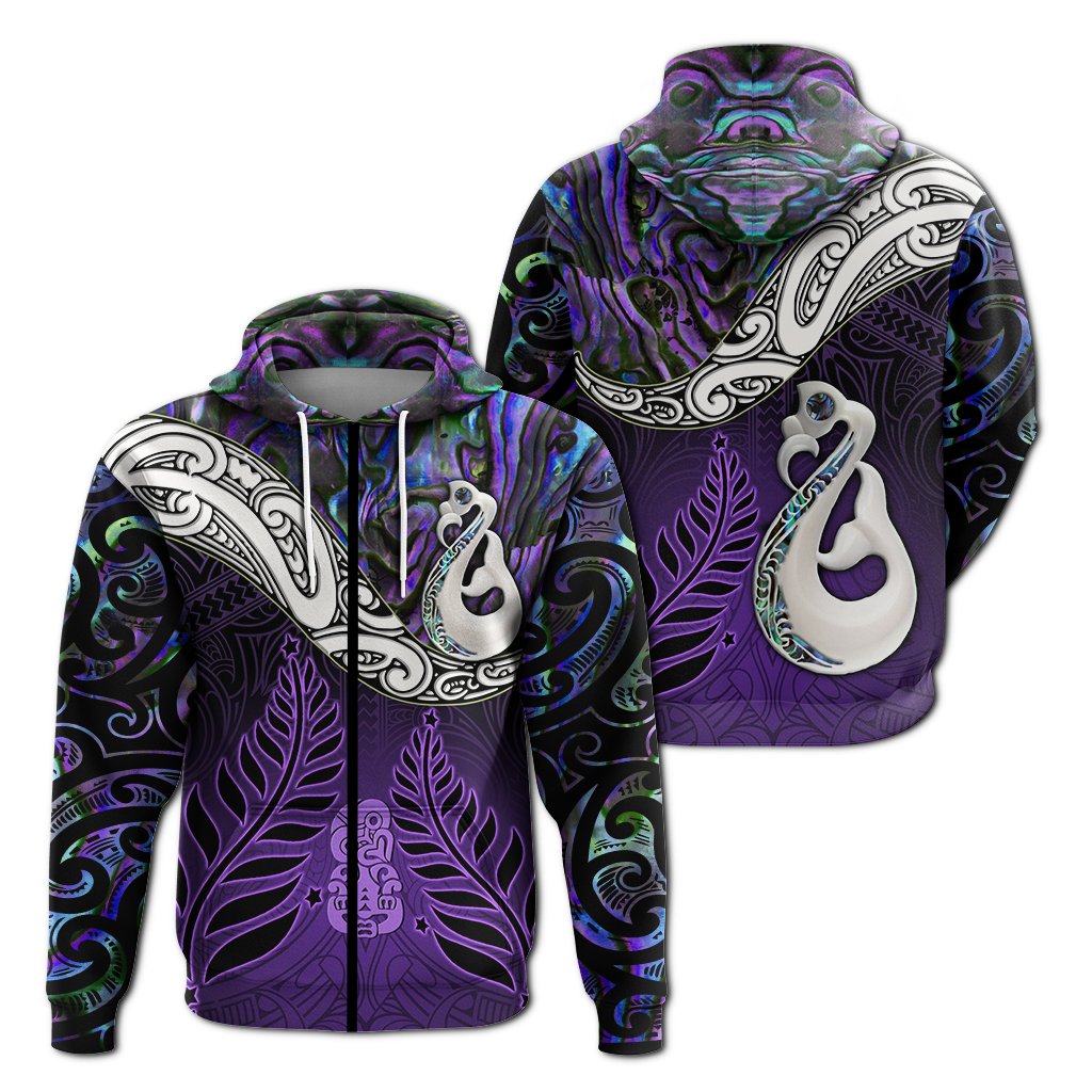 New Zealand Maori Zip Hoodie Manaia Paua Shell Glitter Purple LT4